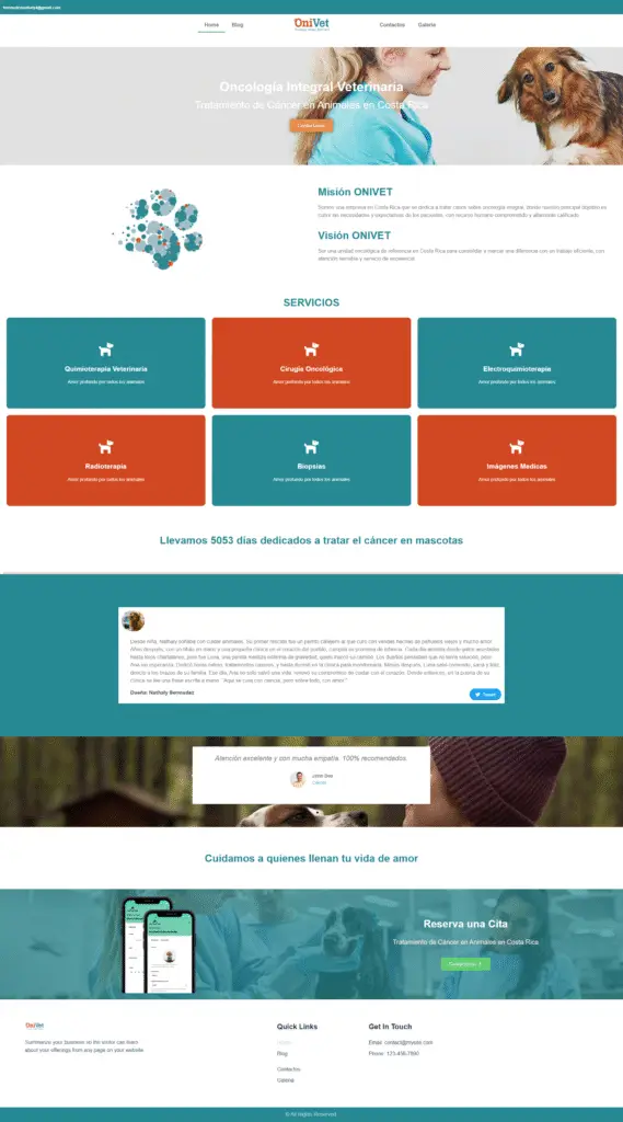Página recreada de OniVet, clínica veterinaria especializada en oncología animal.